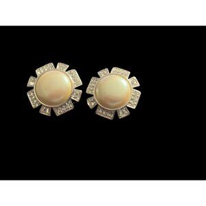 Monet Vintage Faux Pearl and Diamond Clip On Earrings